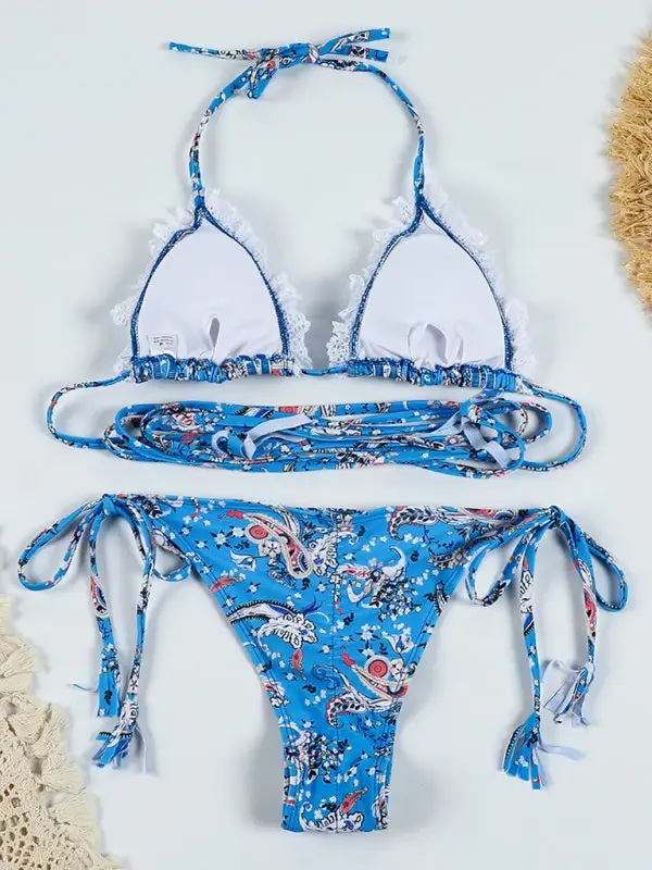 Lace Up Backless Webbing Spliced Bikini Swim Set