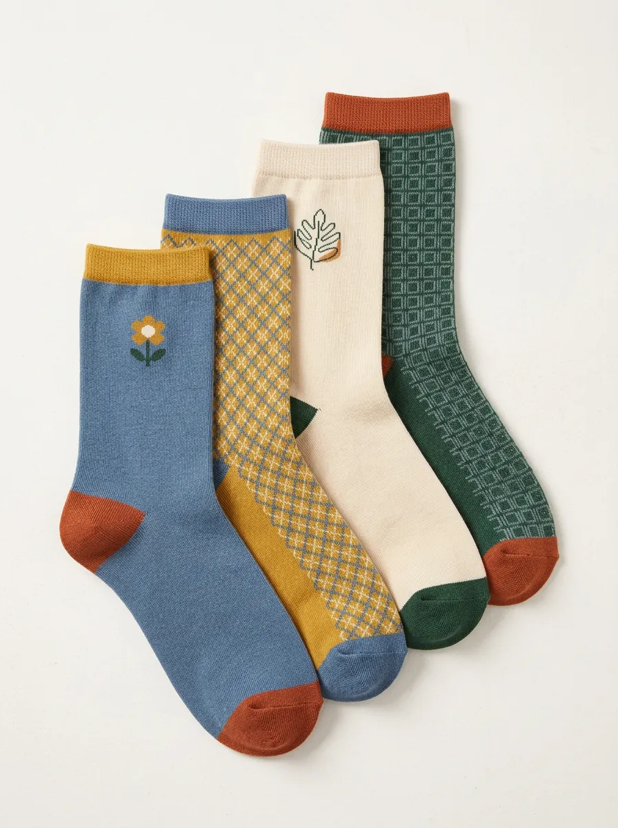 Practical Geometric Leaf Look Women's Four Pair Socks