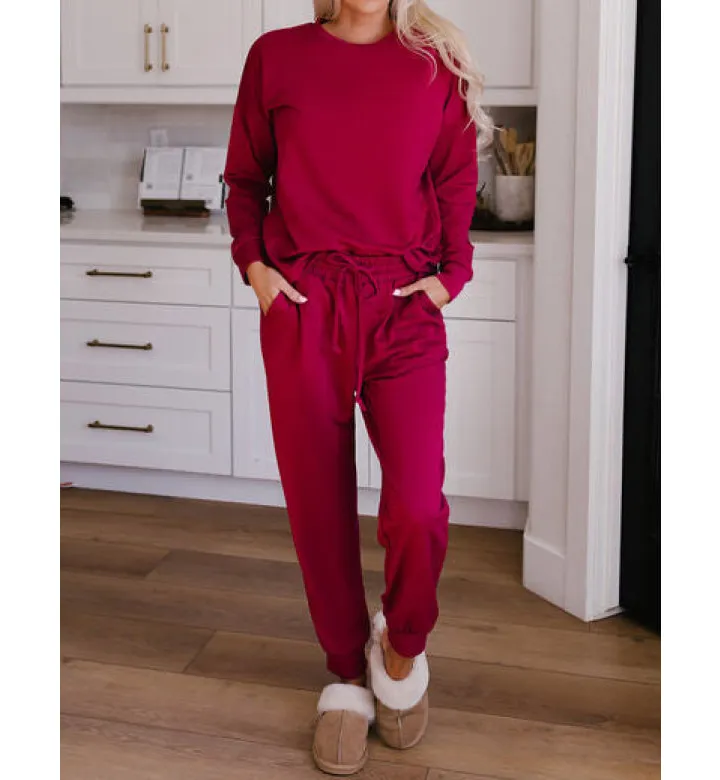Round Neck Top and Drawstring Pants Lounge Set