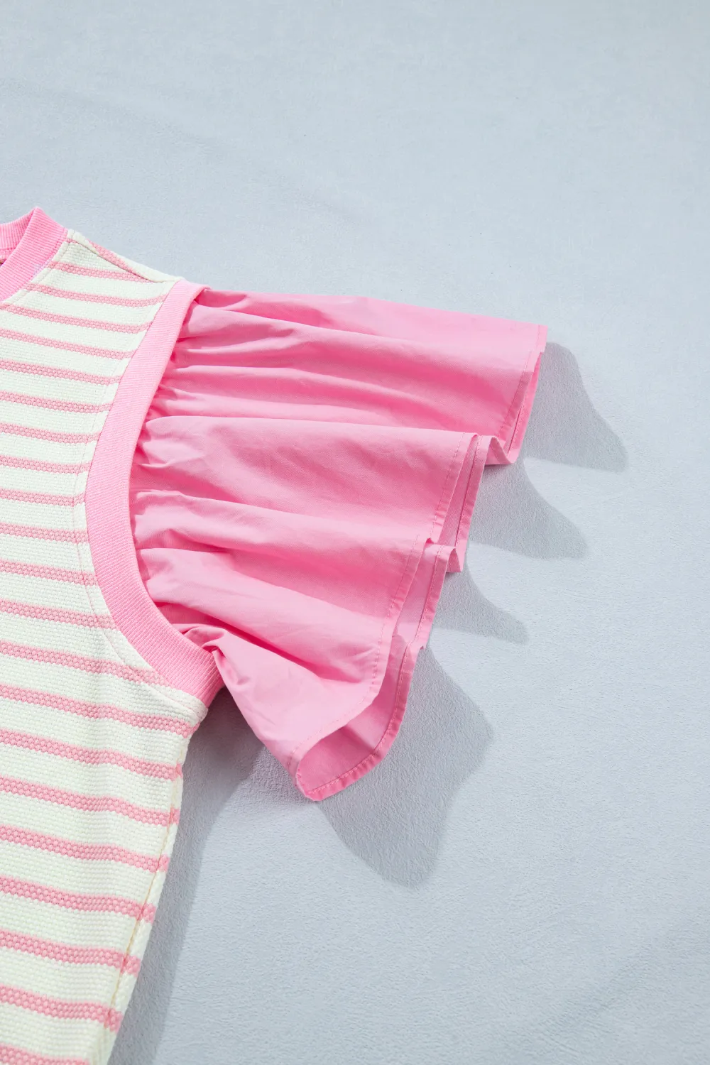 Pink Stripe Ruffled Short Sleeve Blouse