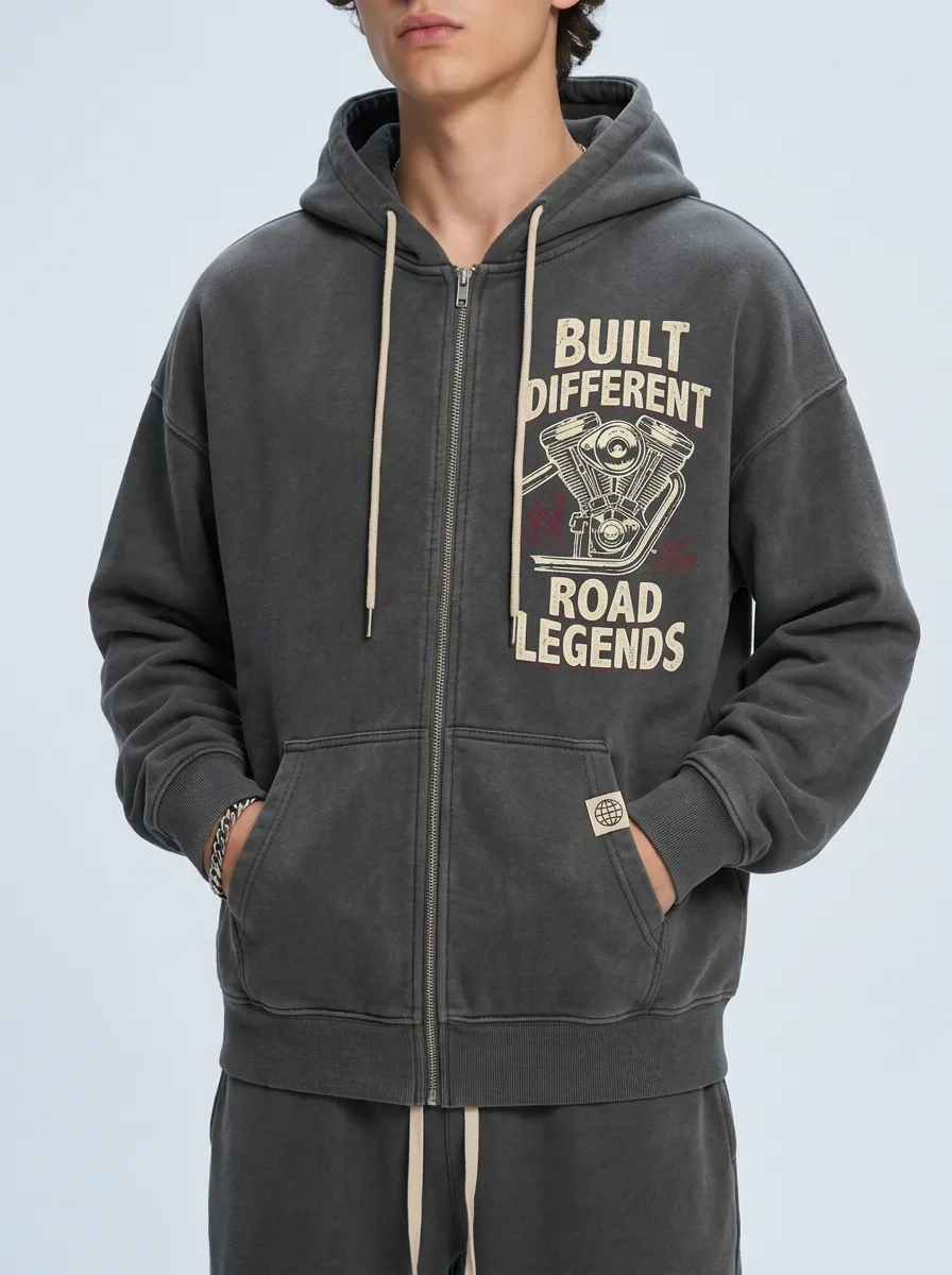 Men's Biker Motorcycle Built Different Road Legends Printed Zip-up Hoodie