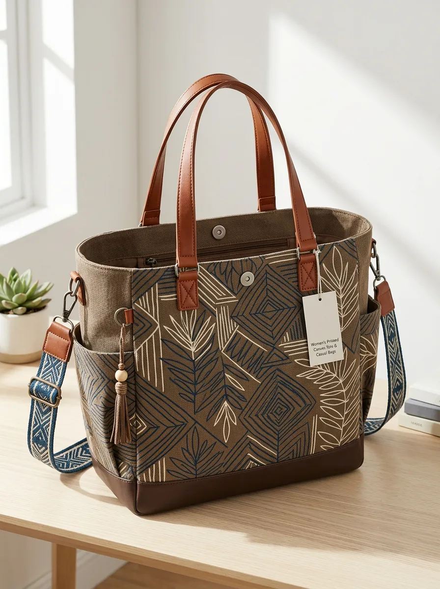 Women's Structured Leaf Geometric Boho Printed Canvas Shoulder Tote Bag
