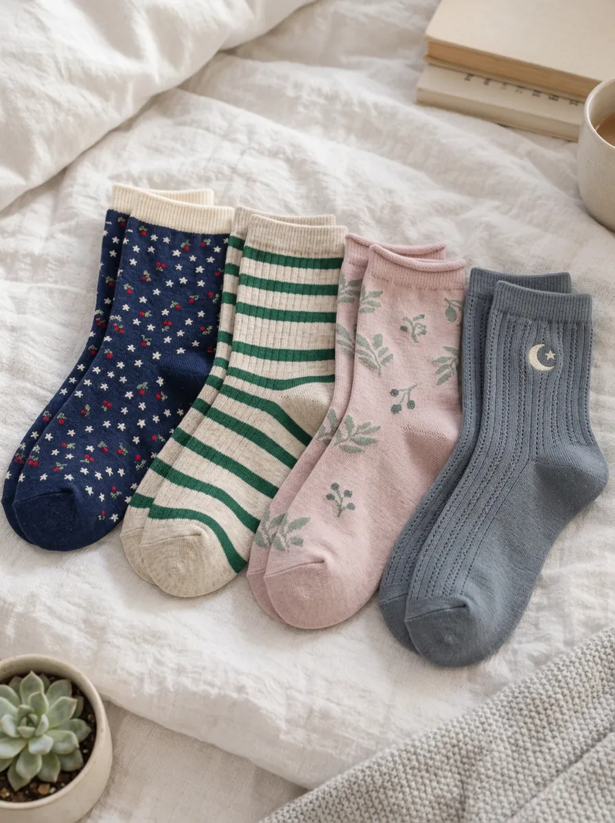 Women's Floral Striped Moon Printed 4-Pack Crew Socks