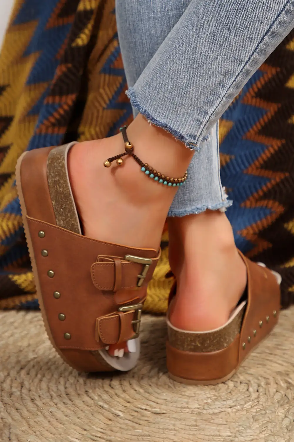Dual Buckle Studded Platform Sandals Slide Slippers