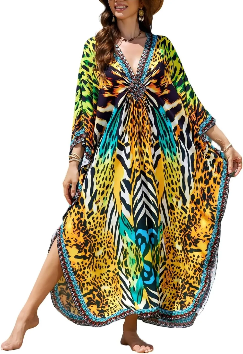 IMAGEKOPE Kaftan Dresses for Women Plus Size V-Neck Moo Moos Batwing Kaftan Beach Dress Bathing Suit Cover-Up Loungewear