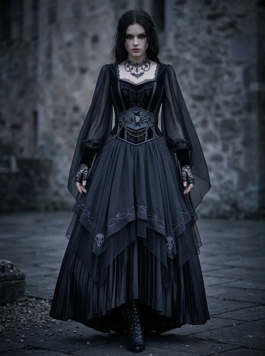 Victorian-Inspired Skull Thorn Embroidered Finish Women's Gothic Dress