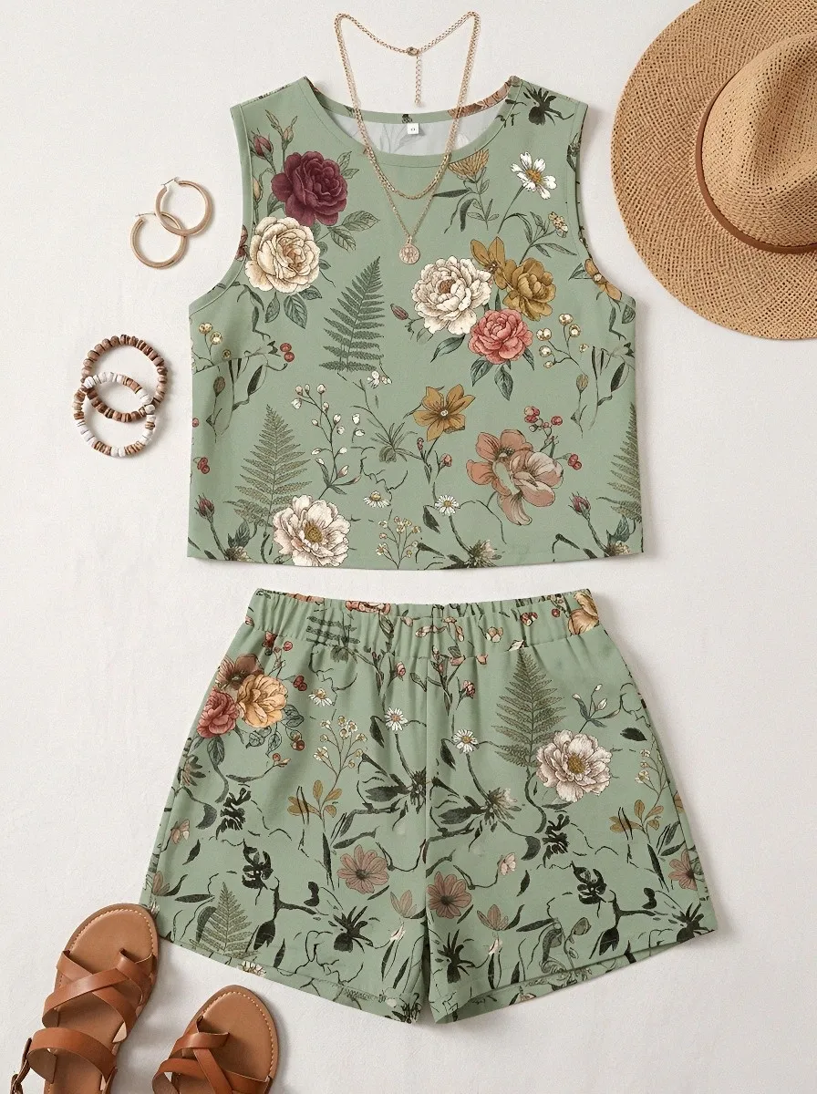 Women's Botanical Garden Floral Printed Sleeveless Shorts Set