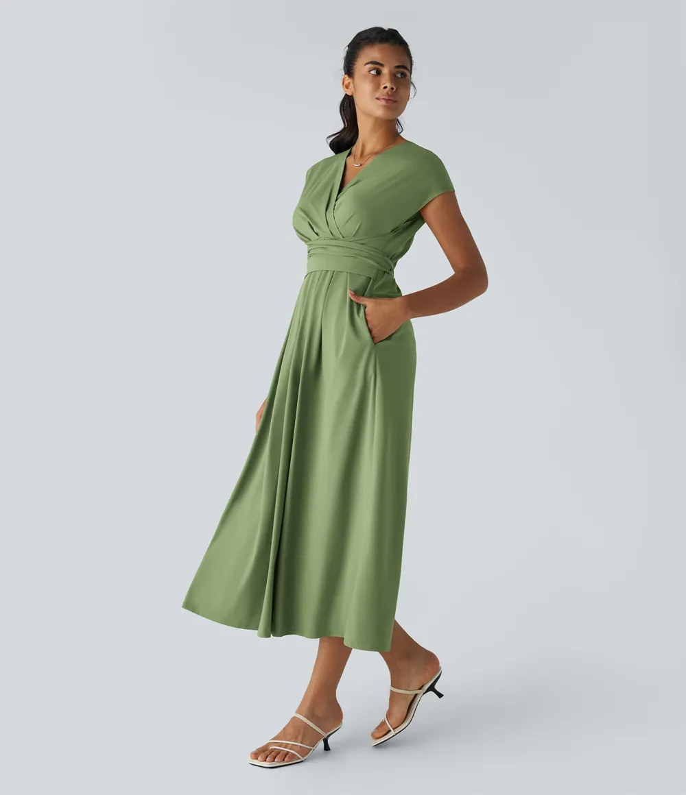 Breezeful V Neck Short Sleeve Side Pocket Tie Back Quick Dry Midi Casual Dress