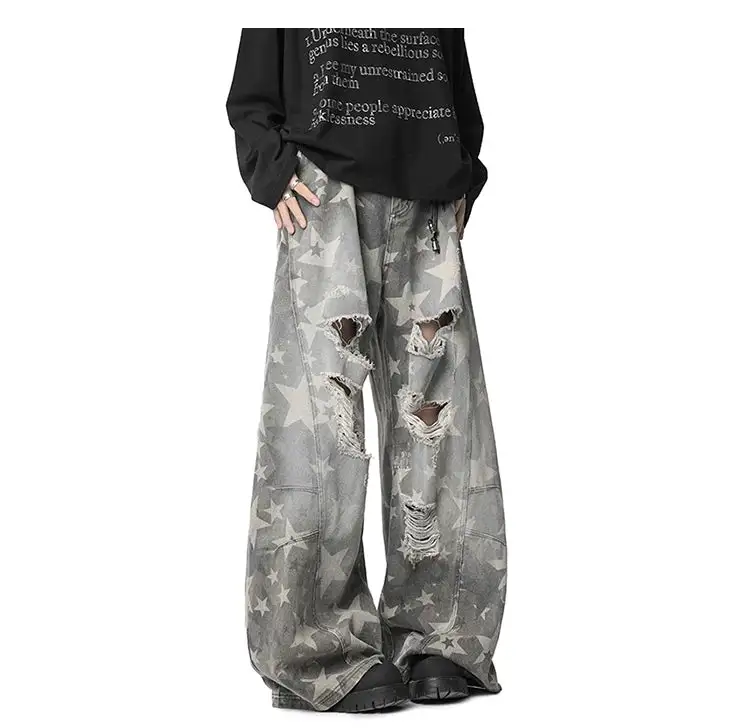 Wide-Leg Ripped Distressed Jeans