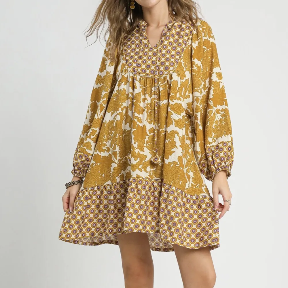 Floral Tiered Ruffle Detail Balloon Sleeve Dress