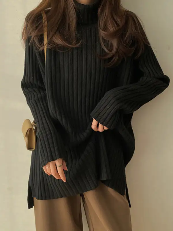 Casual Split Hem High Neck Long Sleeve Relaxed Fit Sweater