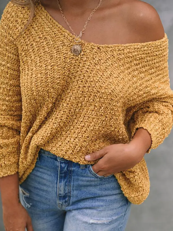V-Neck Long Sleeve Relaxed Fit Pullover Sweater