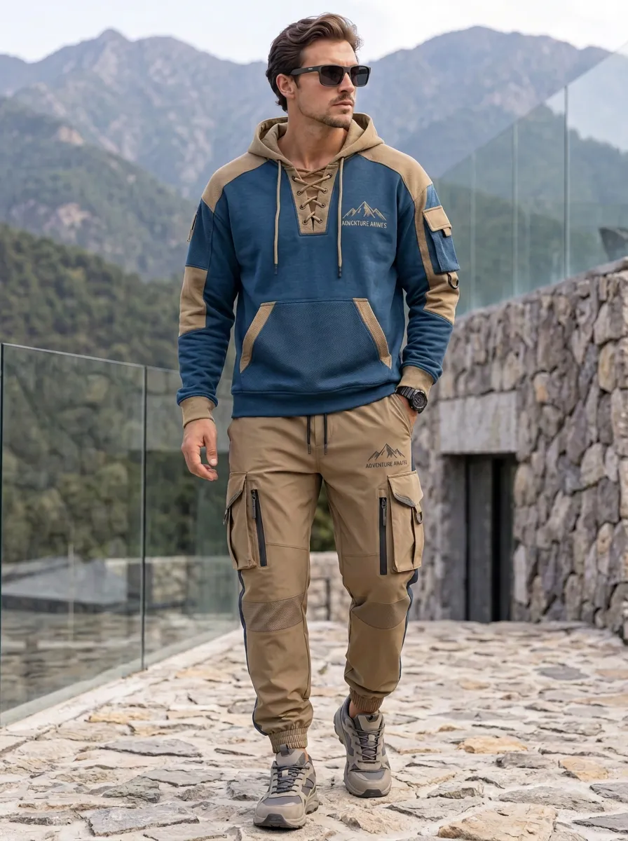 Daily Lace-Up Mountain Graphic Outdoor Look Men's Lace Up Hoodie And Cargo Jogger Set