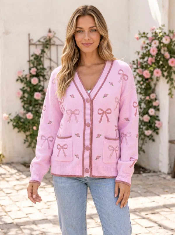 Women's Meadow Inspired Floral Ribbon Bow Pattern Printed Cardigan