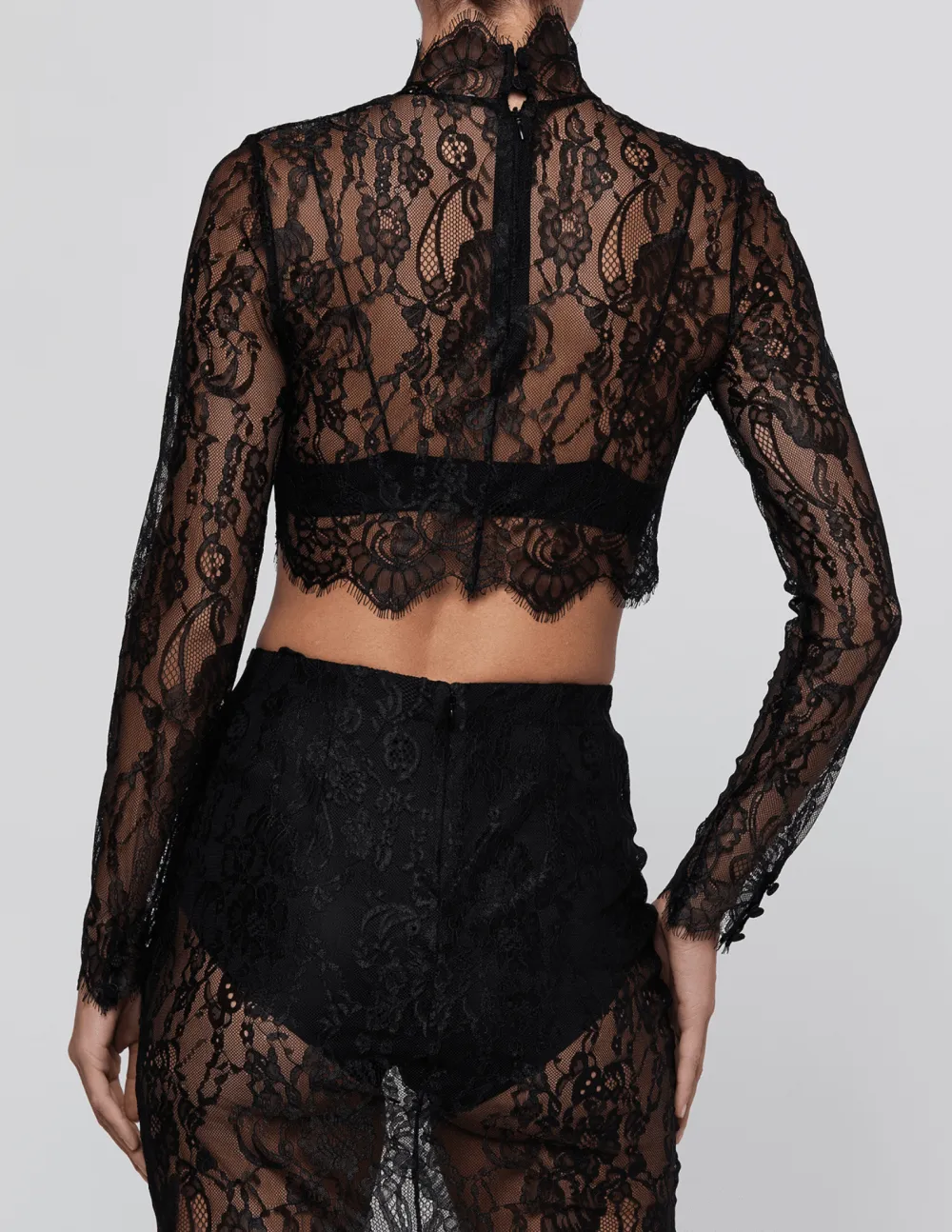 Satin Lace-Trim Floral-Print Cropped Long-Sleeve Top