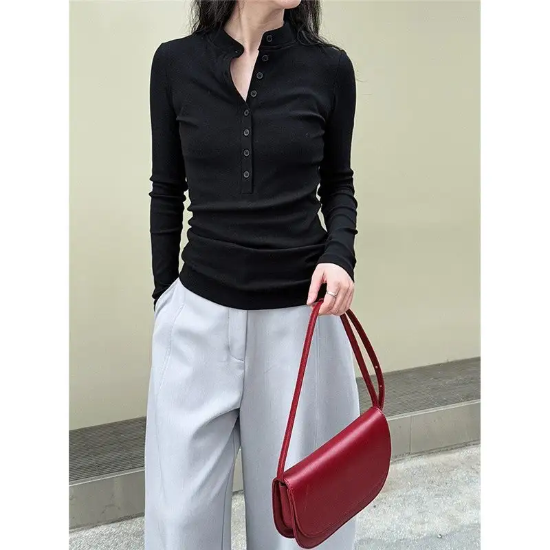 Minimal Slim Fit Single Button Long Sleeve T-Shirt