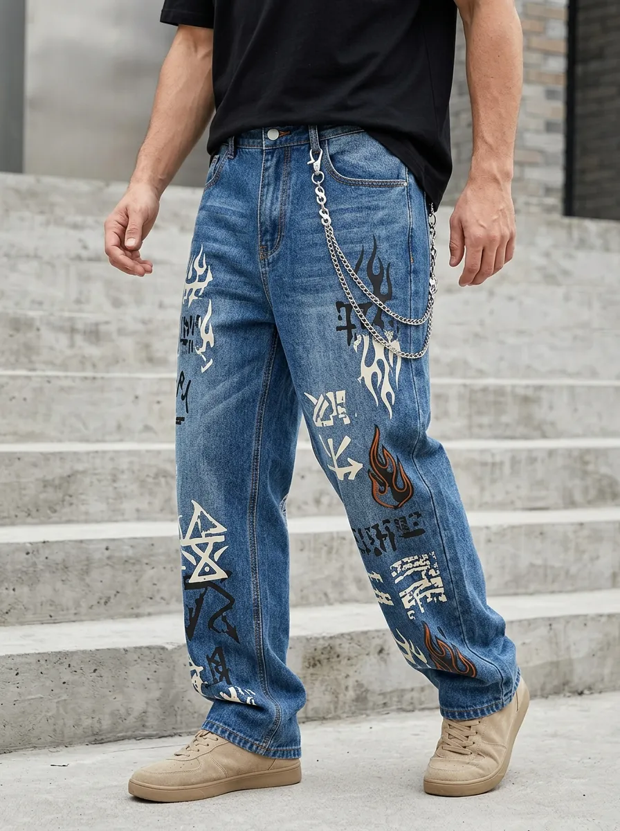 Unisex Contemporary Streetwear Graffiti Flame Jeans