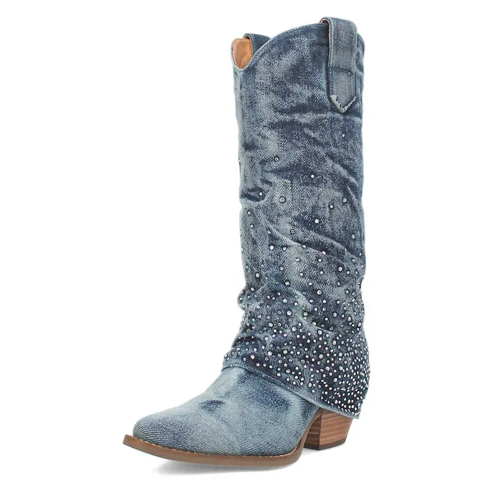 Denim Rhinestone Chunky-Heel Platform Western Boots