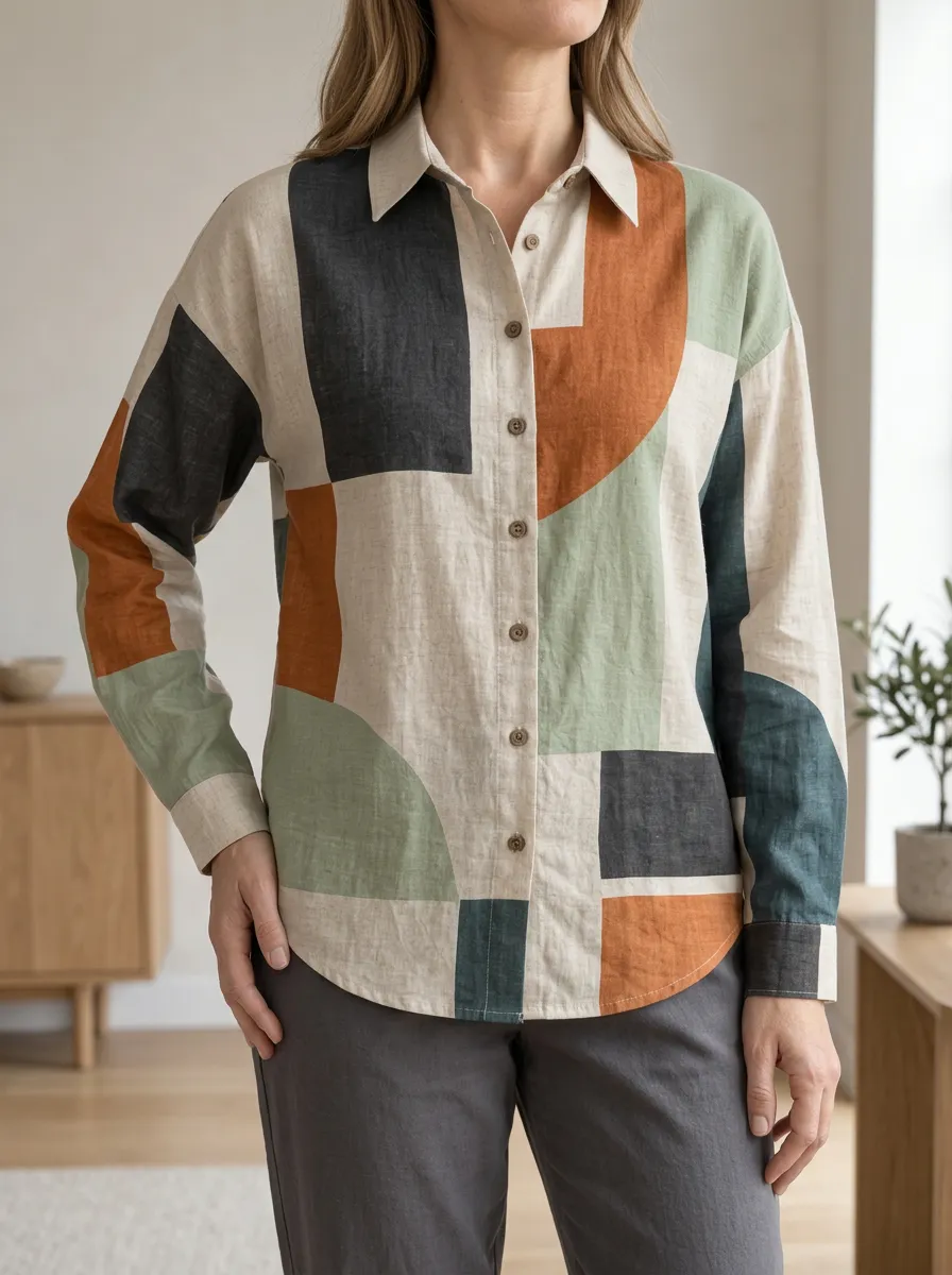 Women's Curved Abstract Geometric Colorblock Shirt