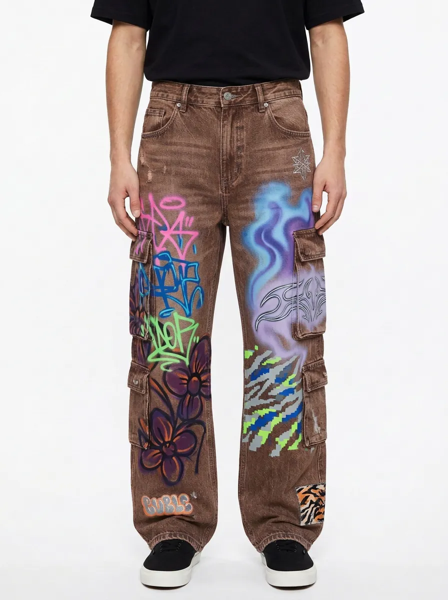 Men's Streetwear Graffiti Floral Flame Graphic Cargo Jeans