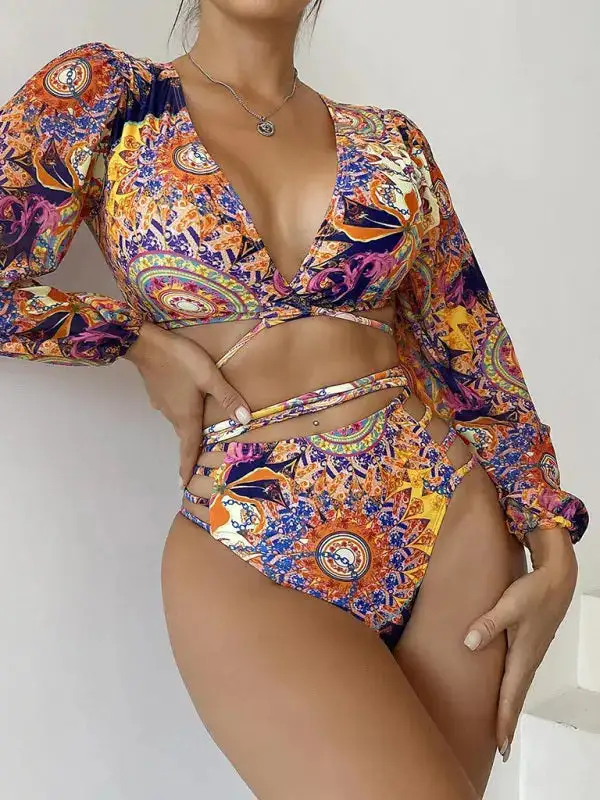 Ethnic Printed Mesh Long Sleeve Bikini Swim Set