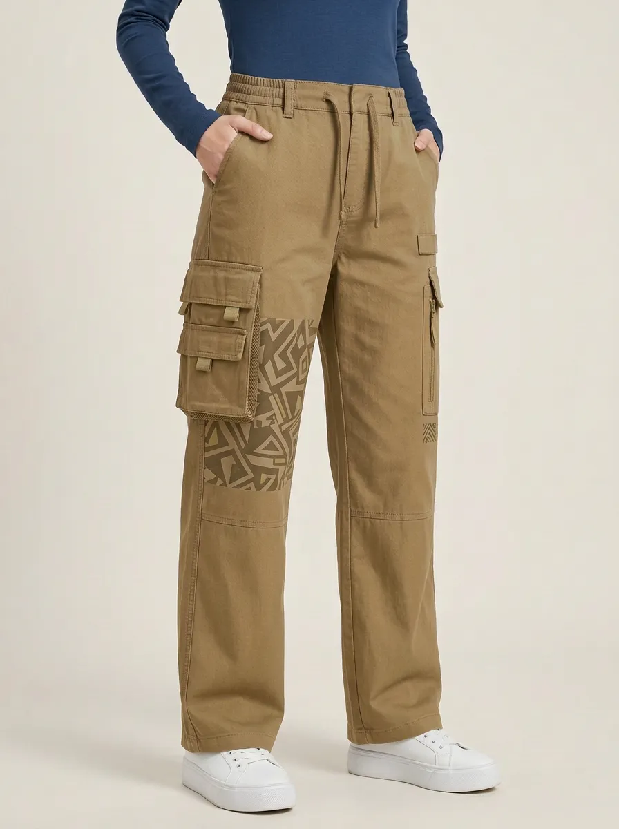 Women's Charcoal Grey Geometric Pattern Cargo Pants