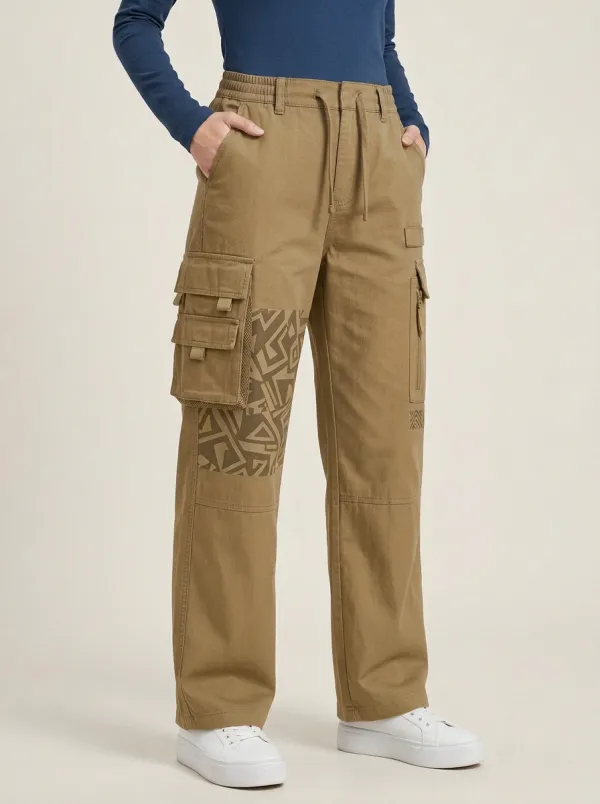 Women's Charcoal Grey Geometric Pattern Cargo Pants
