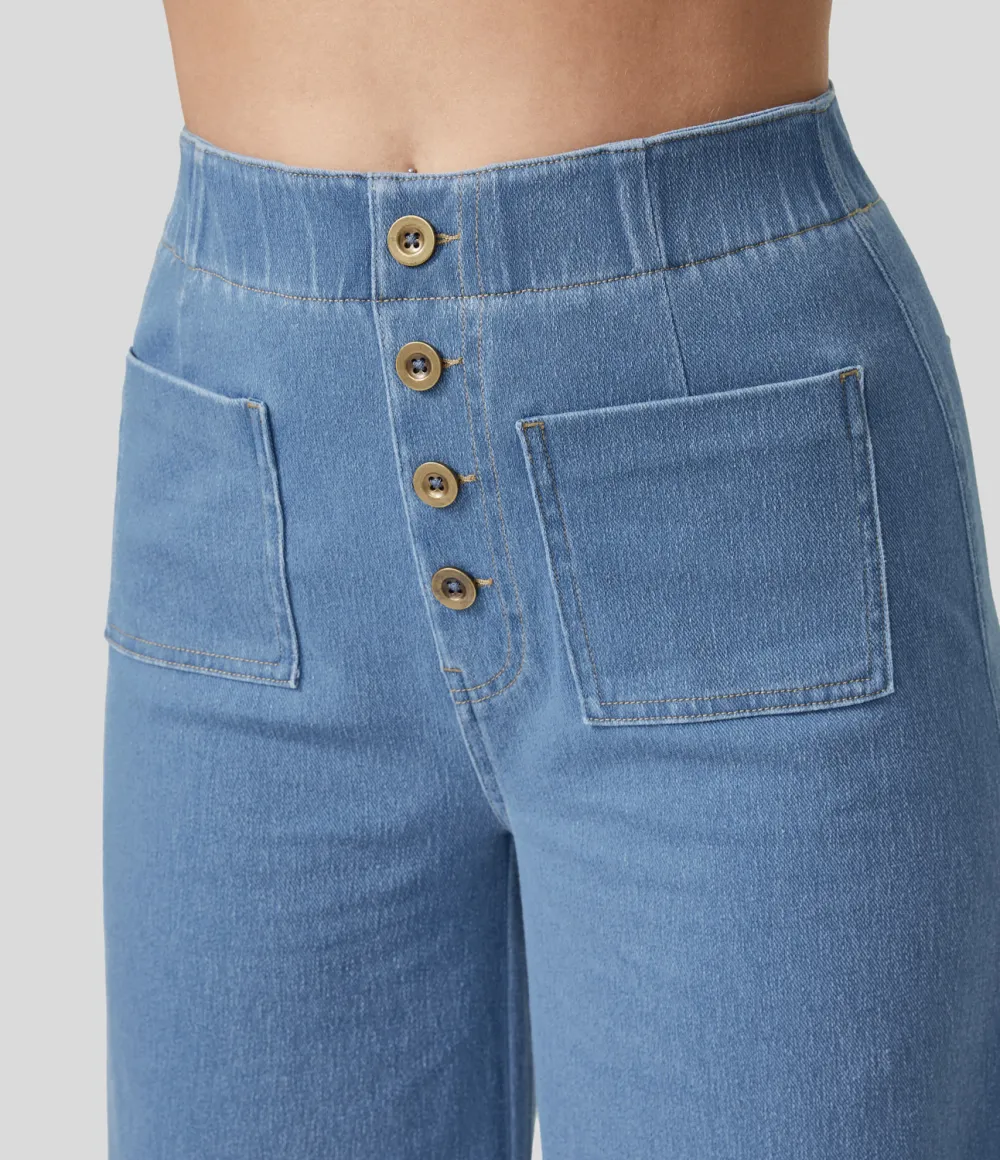 Magic High Waisted Button Multiple Pockets Washed Stretchy Knit Casual Wide Leg Full Length Jeans