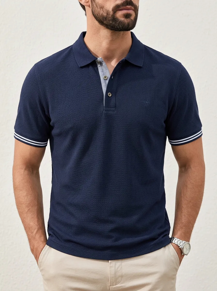 Men's Navy Blue Contrast Trim Embroidered Accent Polo Shirt