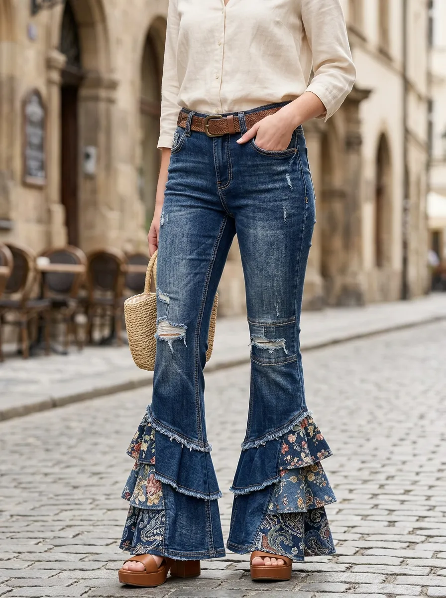 Women's Boho Floral Ruffle Hem Distressed Printed Jeans