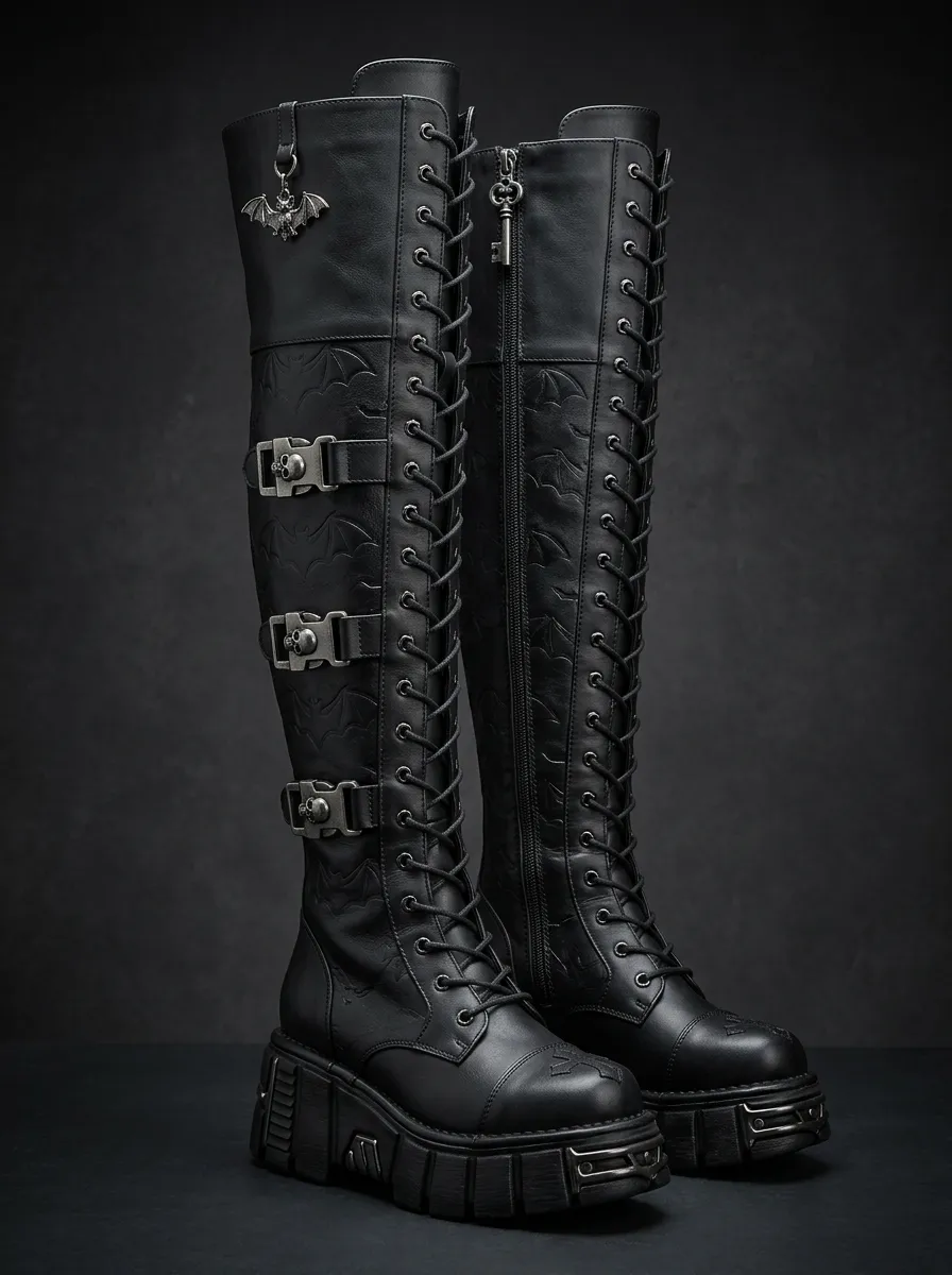 Classic Gothic Skull Bat Embossed Street Look Women's Gothic Platform Knee High Boots