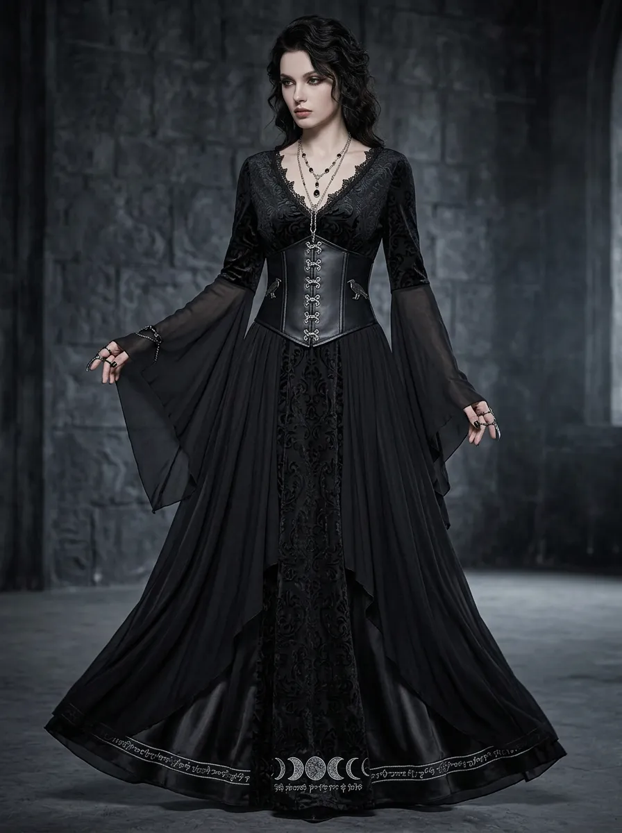 Midnight Moon Phase Moon Raven Gothic Edit Women's Gothic Dress