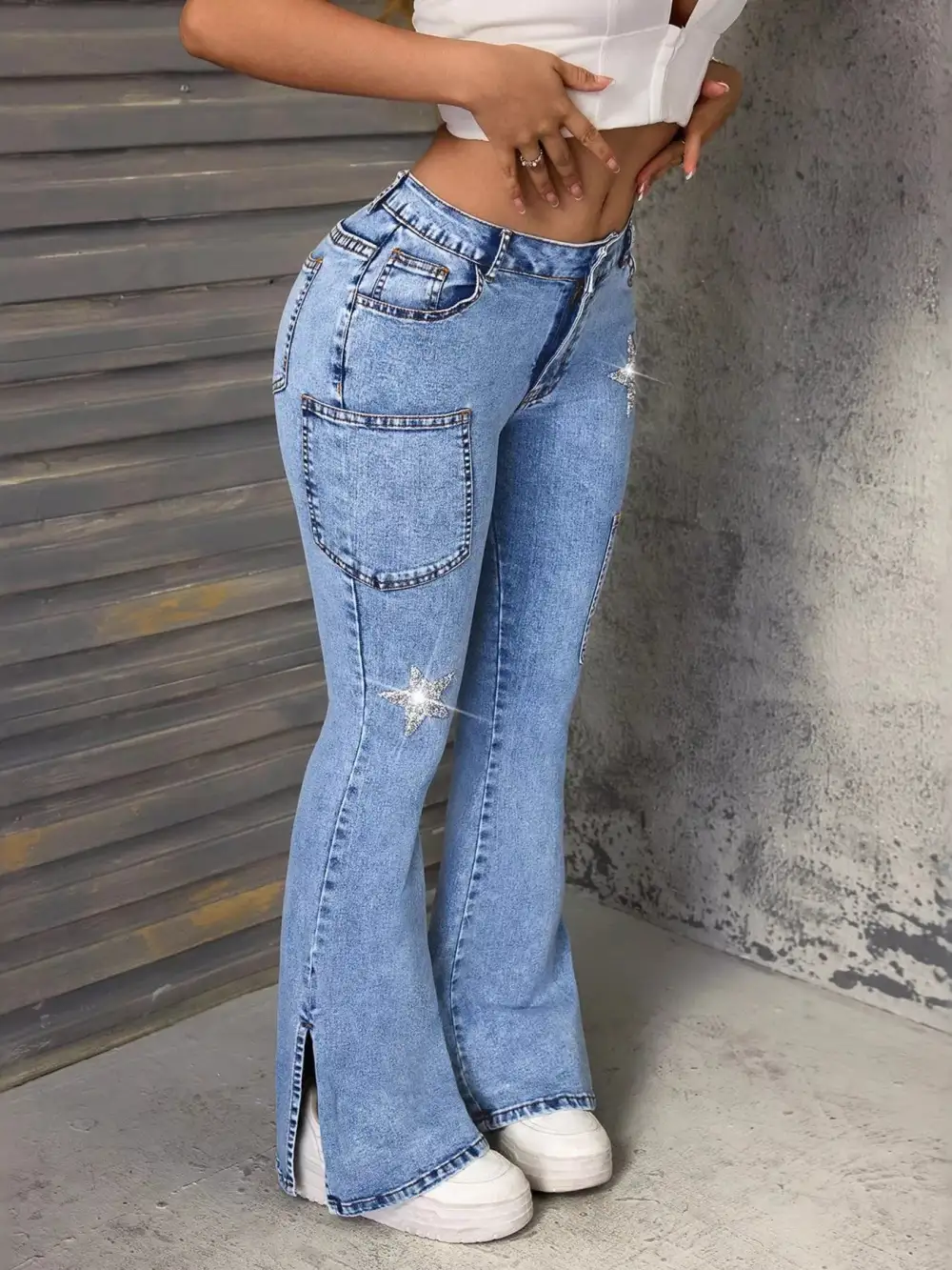 Women' High Waisted Casual Denim Slit Star Flare Leg Jeans