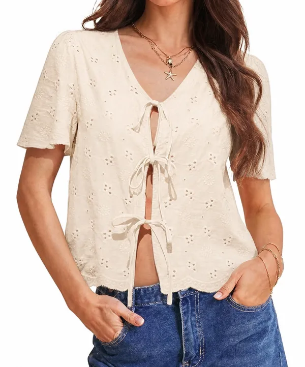 Women's Eyelet Embroidered Tie-Front Blouse