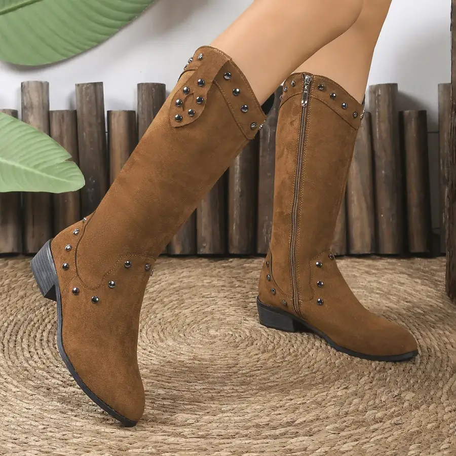 Studded Mid-calf Boots with Side Zipper Closure