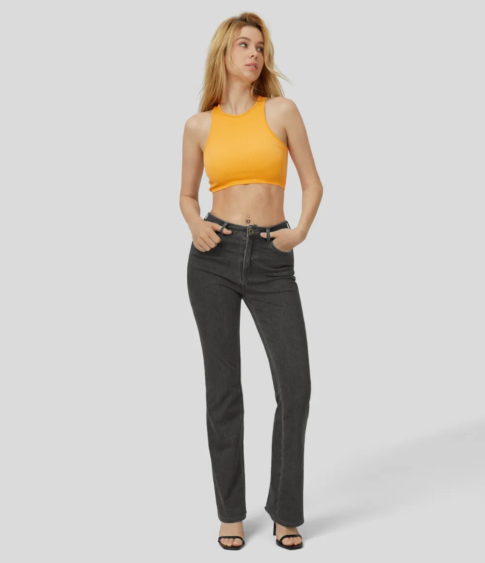 Magic Mid Rise Button Pockets Stretchy Knit Casual Bootcut Jeans