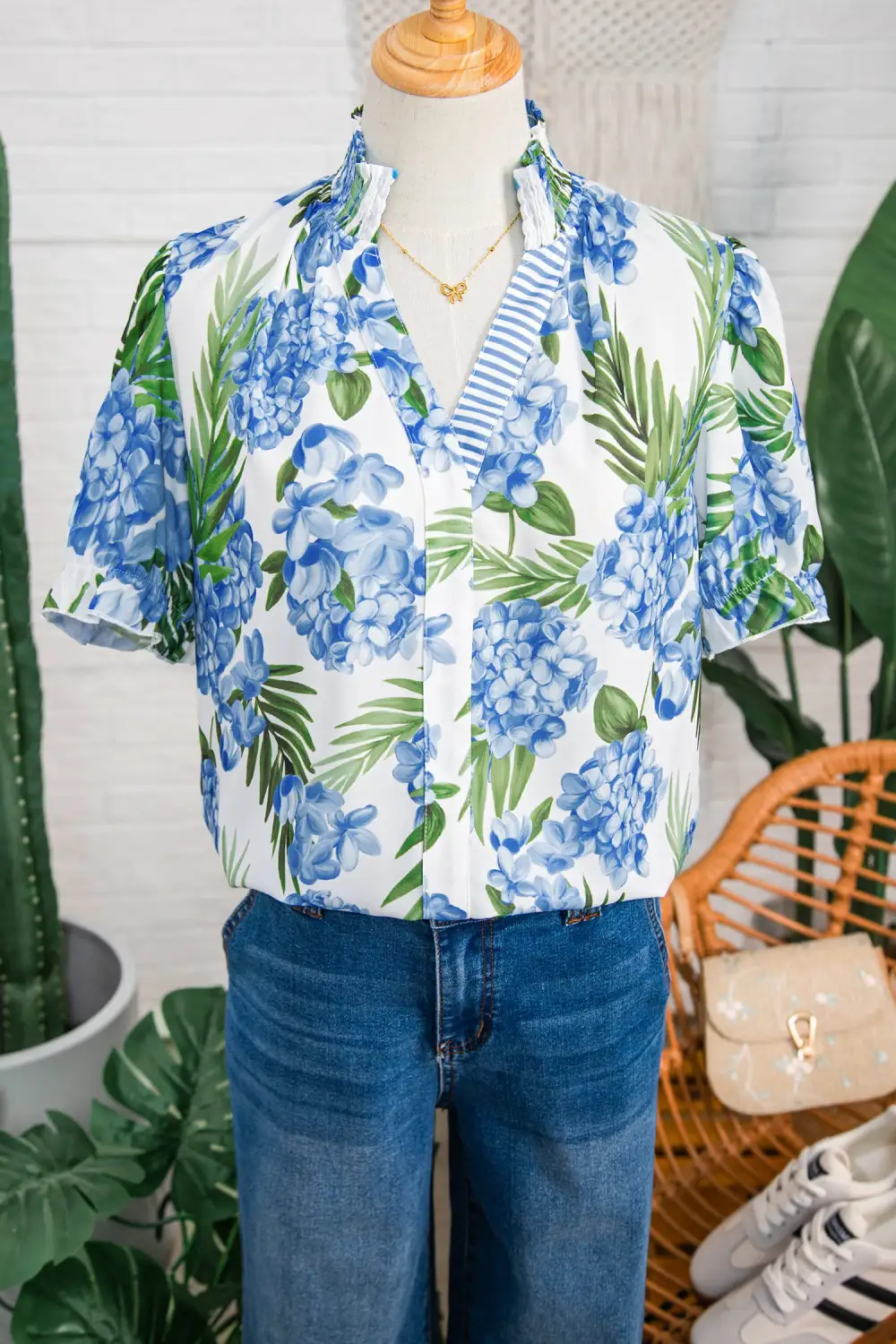 Women's Floral Print Patchwork V Neck Top