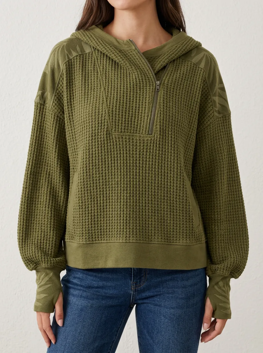Women's Olive Waffle Knit Leaf Pattern Printed Quarter Zip Hoodie