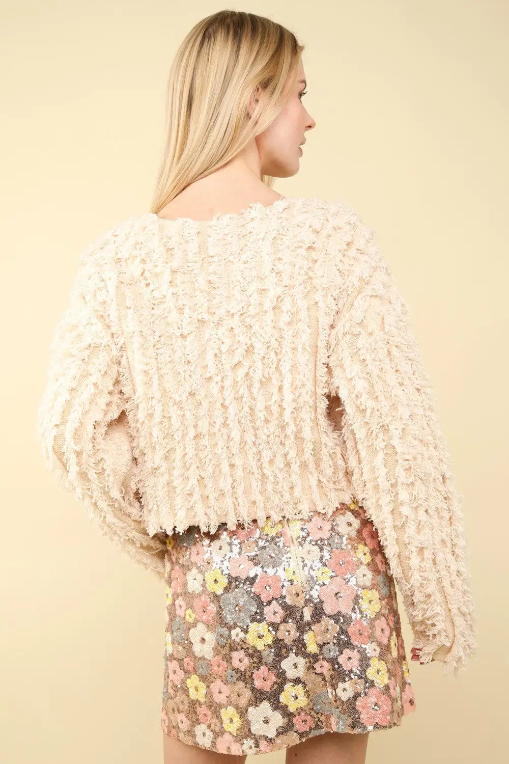 Very Crema Shaggy Yarn Knit Zip Up Jacket