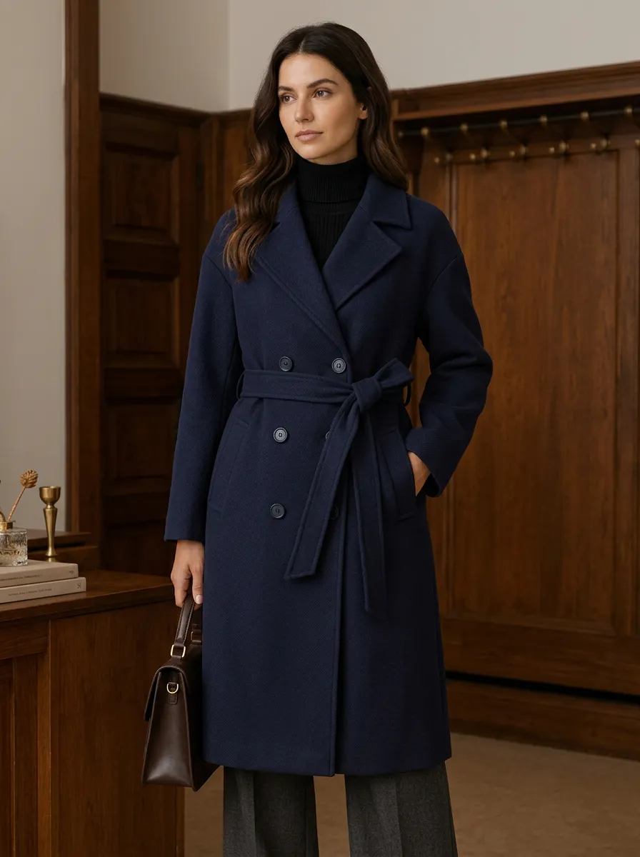 Women's Classic Navy Double-Breasted Belted Wool-Blend Trench Coat