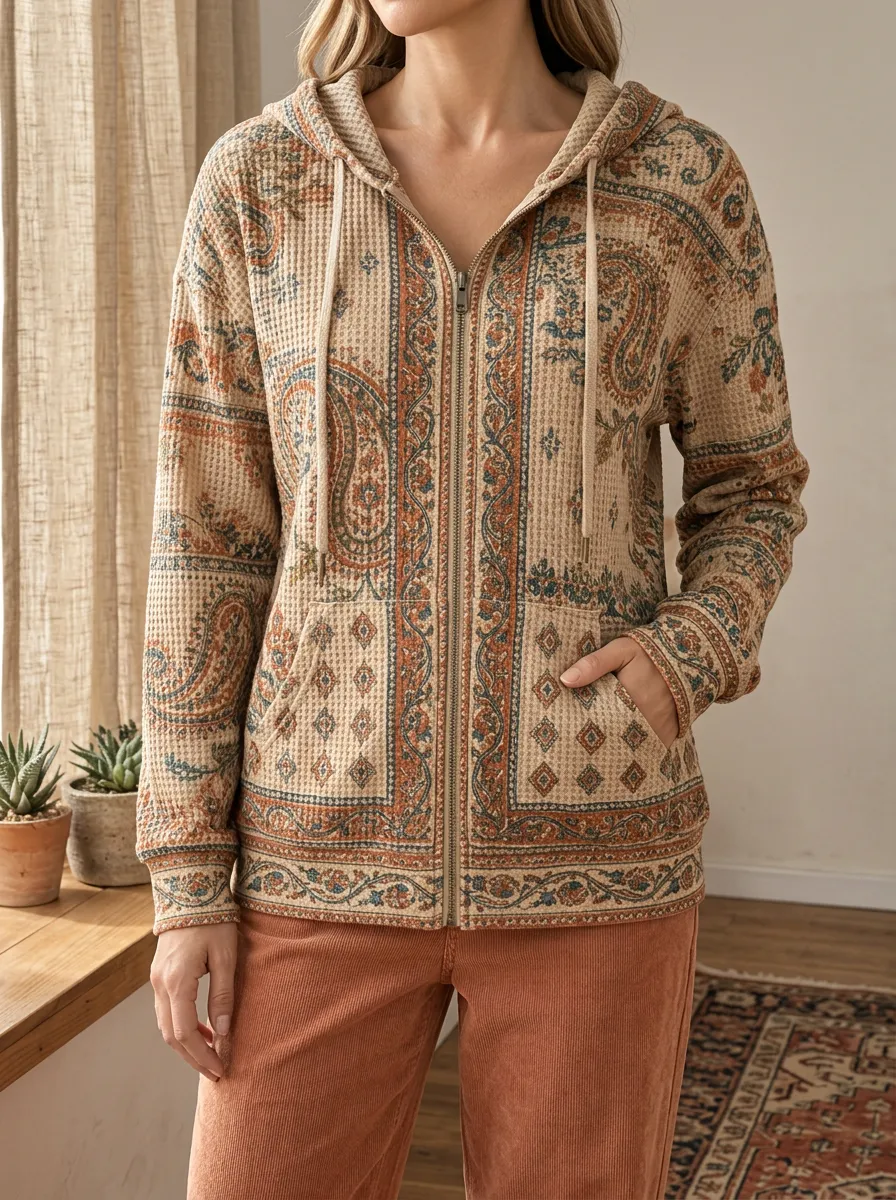 Women's Boho Paisley Signature Artwork Waffle Zip-Up Hoodie