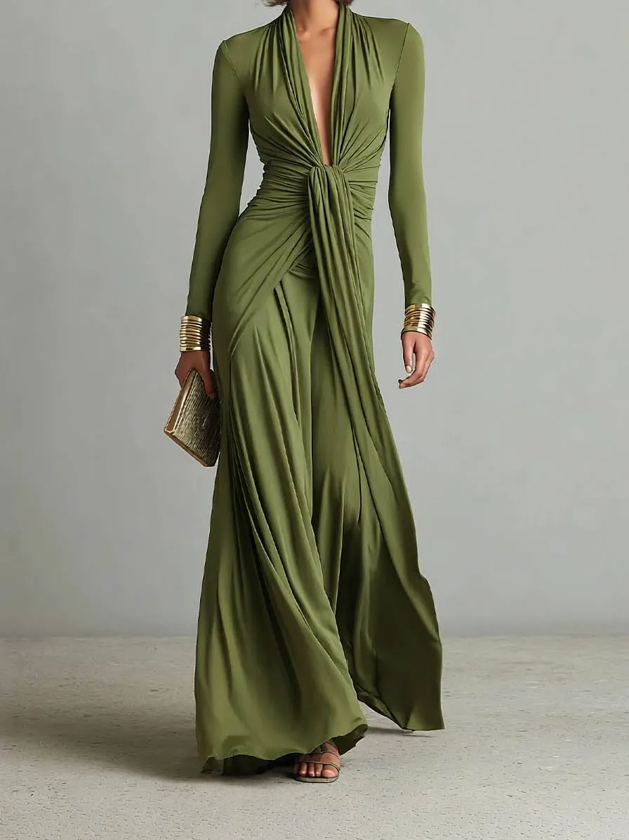 V Neck Pleated Sleeve Maxi Dress