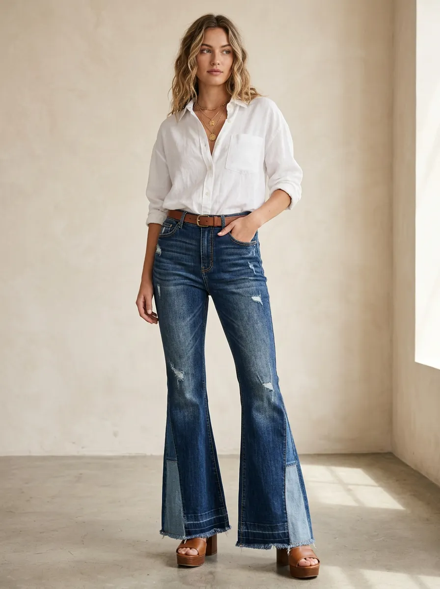 Women's Vintage Style Distressed Patchwork Flare Denim Pants