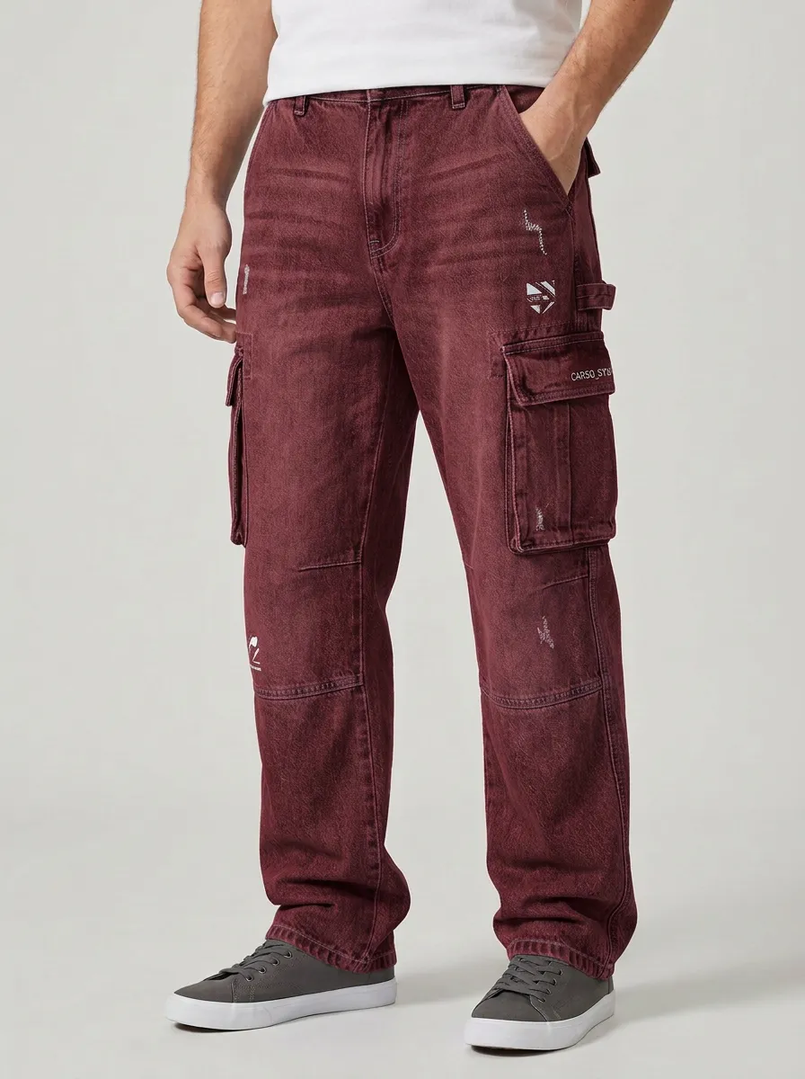 Men's Streetwear Graphic Distressed Denim Graphic Cargo Pants