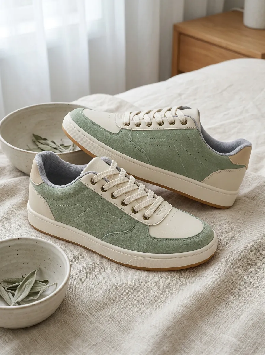 Women's Sage Green Suede Colorblock Casual Sneakers