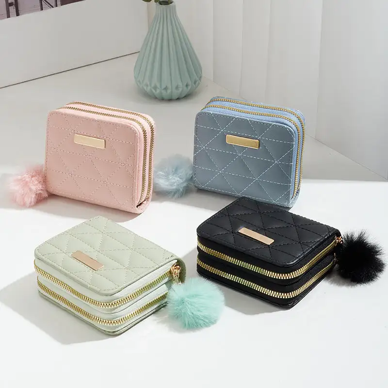 Compact Faux Leather Quilted Zip Wallet Clutch