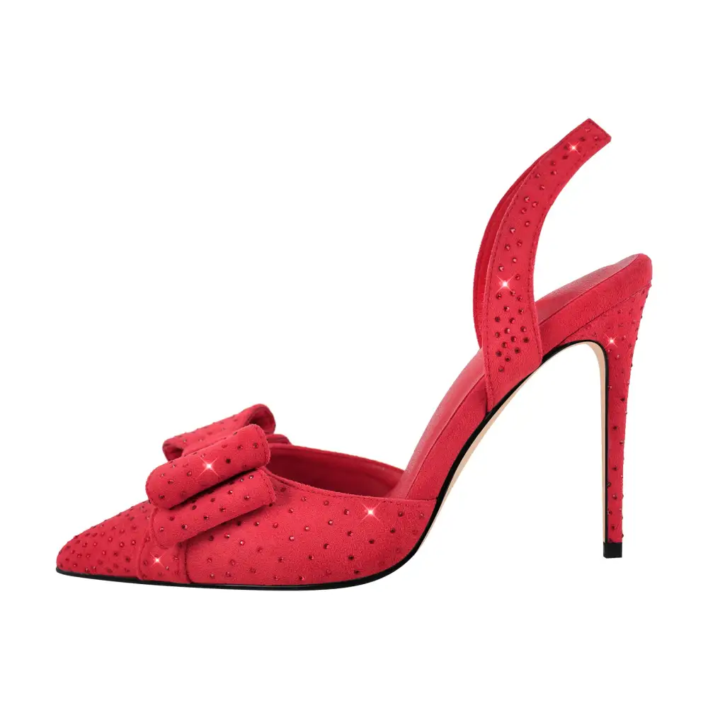 Suede Finish Rhinestone Pointed Toe Stiletto Slingback Pumps