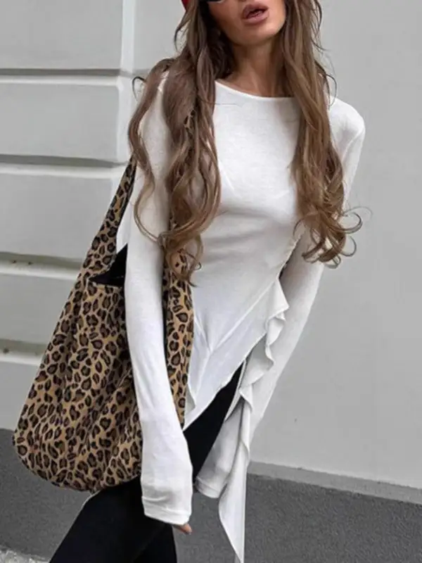 Long Sleeve Slim Fit Pleat Detail Round Neck Polyester T-Shirt