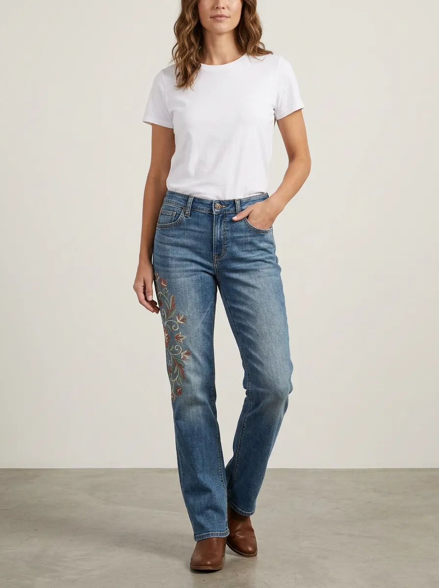 Women's Medium Wash Cactus Floral Embroidered Mid-Rise Straight Leg Jeans