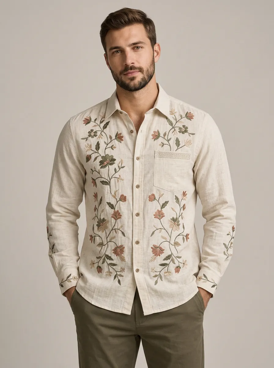 Men's Linen Floral Embroidered Long Sleeve Shirt